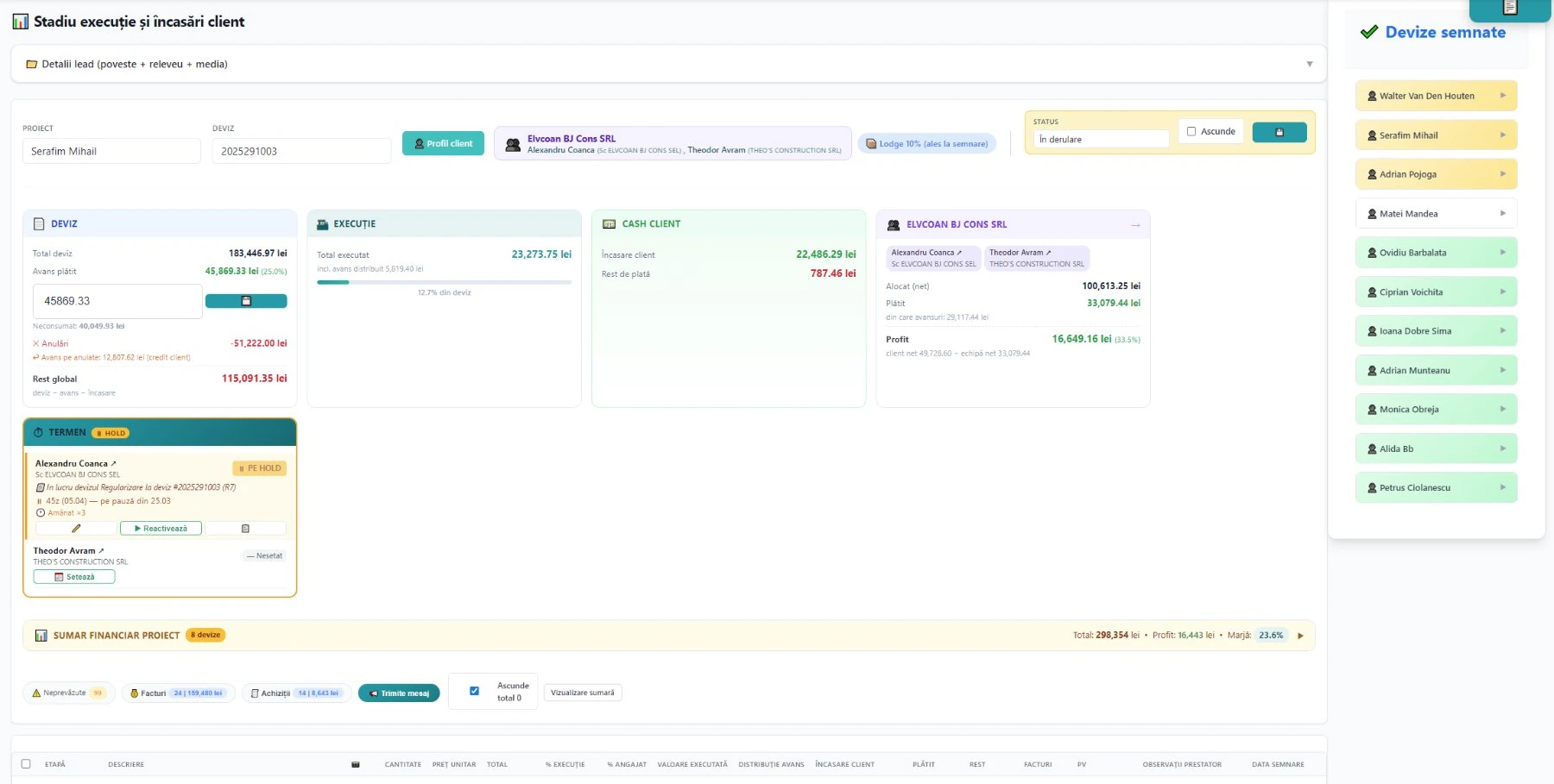 Portal client — stadiu execuție și încasări per proiect